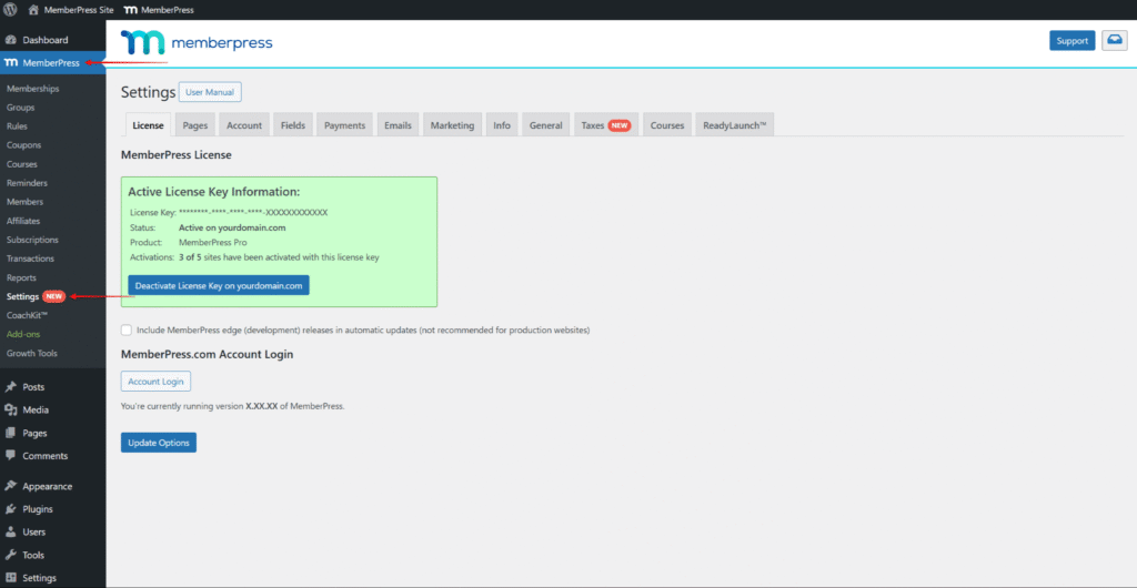 MemberPress settings screen for configuring a WordPress membership site
